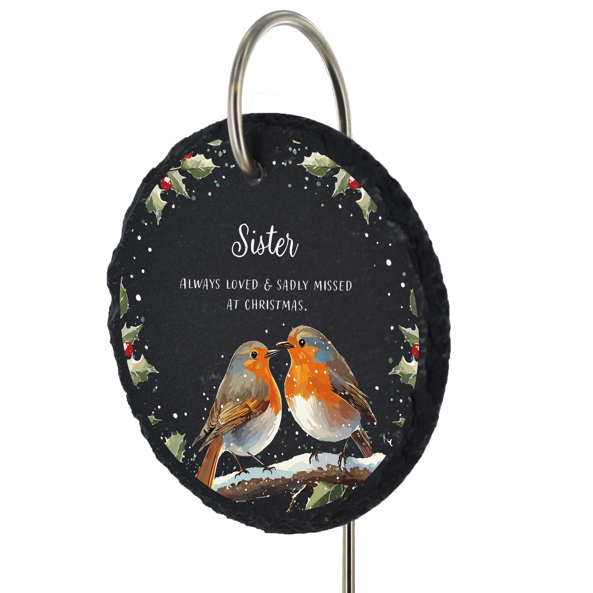 For Heaven Slates Sister — Pair Of Robins Christmas Memorial Grave Marker — Always loved & sadly missed — Outdoor Plaque Decoration — Rock Slate Circle