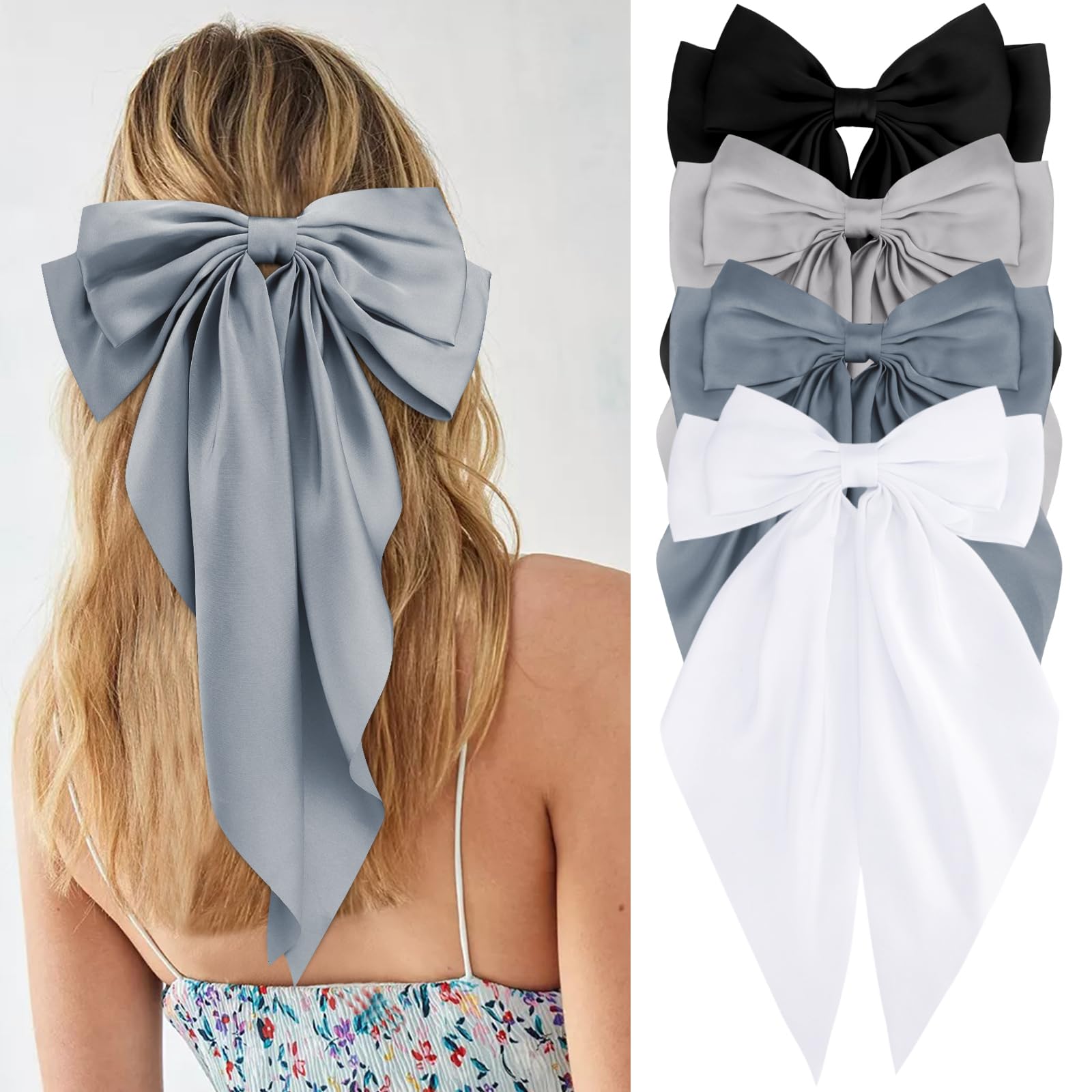 Velscrun Women's & Girls' 4-Pack Hair Bows - Silky White, Satin Navy Blue, Coquette Grey, Black - Oversized, Long Tail, Barrettes & Clips - Perfect