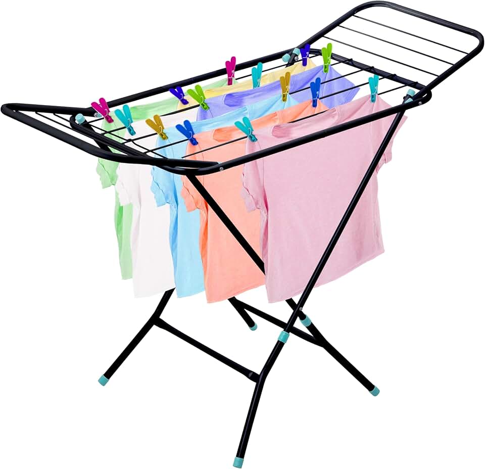 Varal de Chão Slim Preto com Abas Pratico Pequeno Suporta até 16Kg