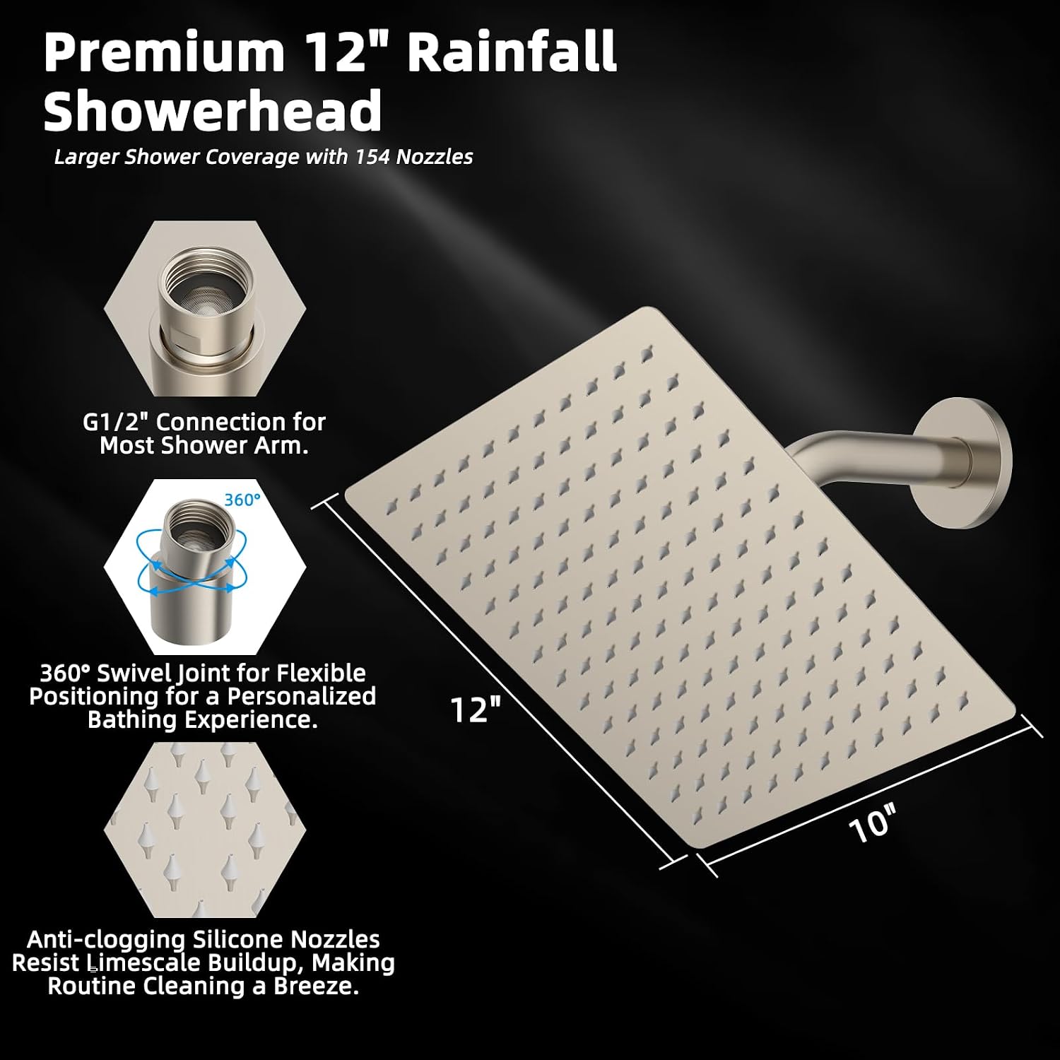 Hibbent All Metal 12 Inch Shower Head, High Pressure Stainless Steel Rain Showerheads, Ultra-thin Bathroom Rainfall Showerhead, Adjustable Brass Ball Joint, Silicone Nozzles, Brushed Nickel