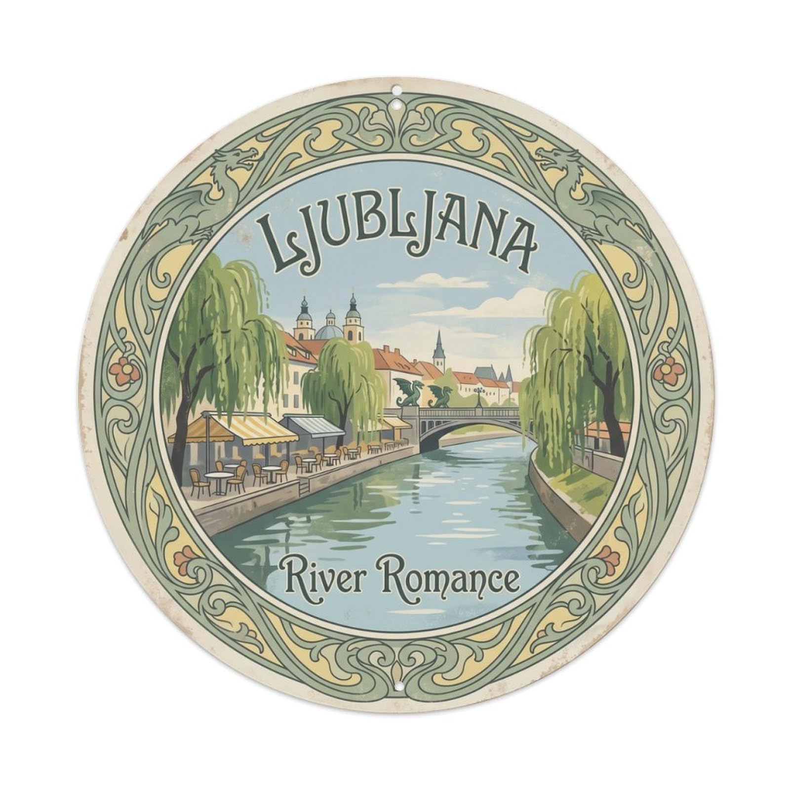 Vintage Travel Ljubljana Slovenia Riverside Metal Tin Sign Plaque Wall Decor for Cafe, Club Bar, Office, Home Garden Round Metal Poster 8x8Inch