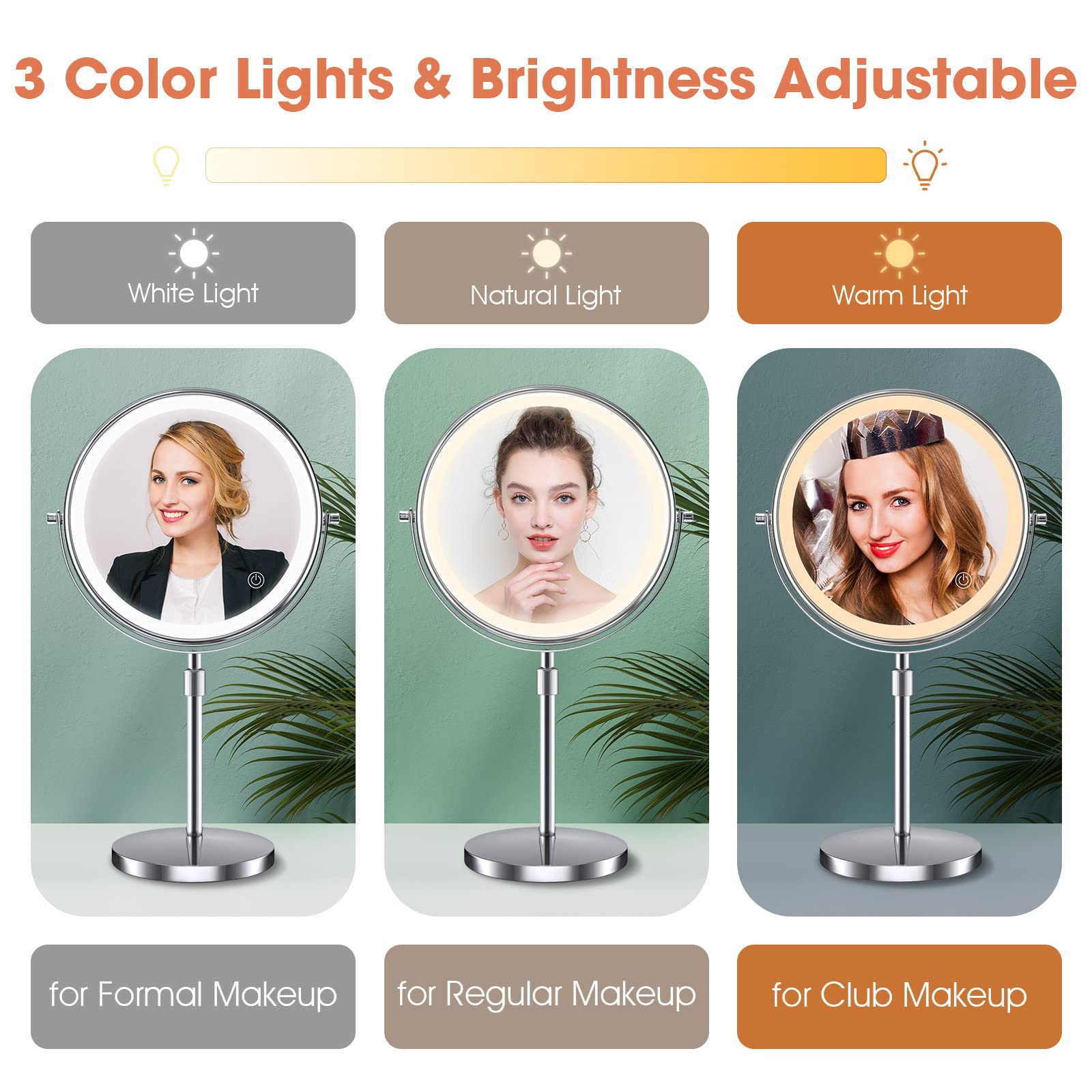 Kosmetikspiegel mit Licht, 20,3 cm, verbessert, Make-up-Spiegel, doppelseitig, 1 x 10-fache Vergrößerung, höhenverstellbar, Make-up-Spiegel mit Licht, 3-Farb-Beleuchtung, Touch-Sensor-Dimmung