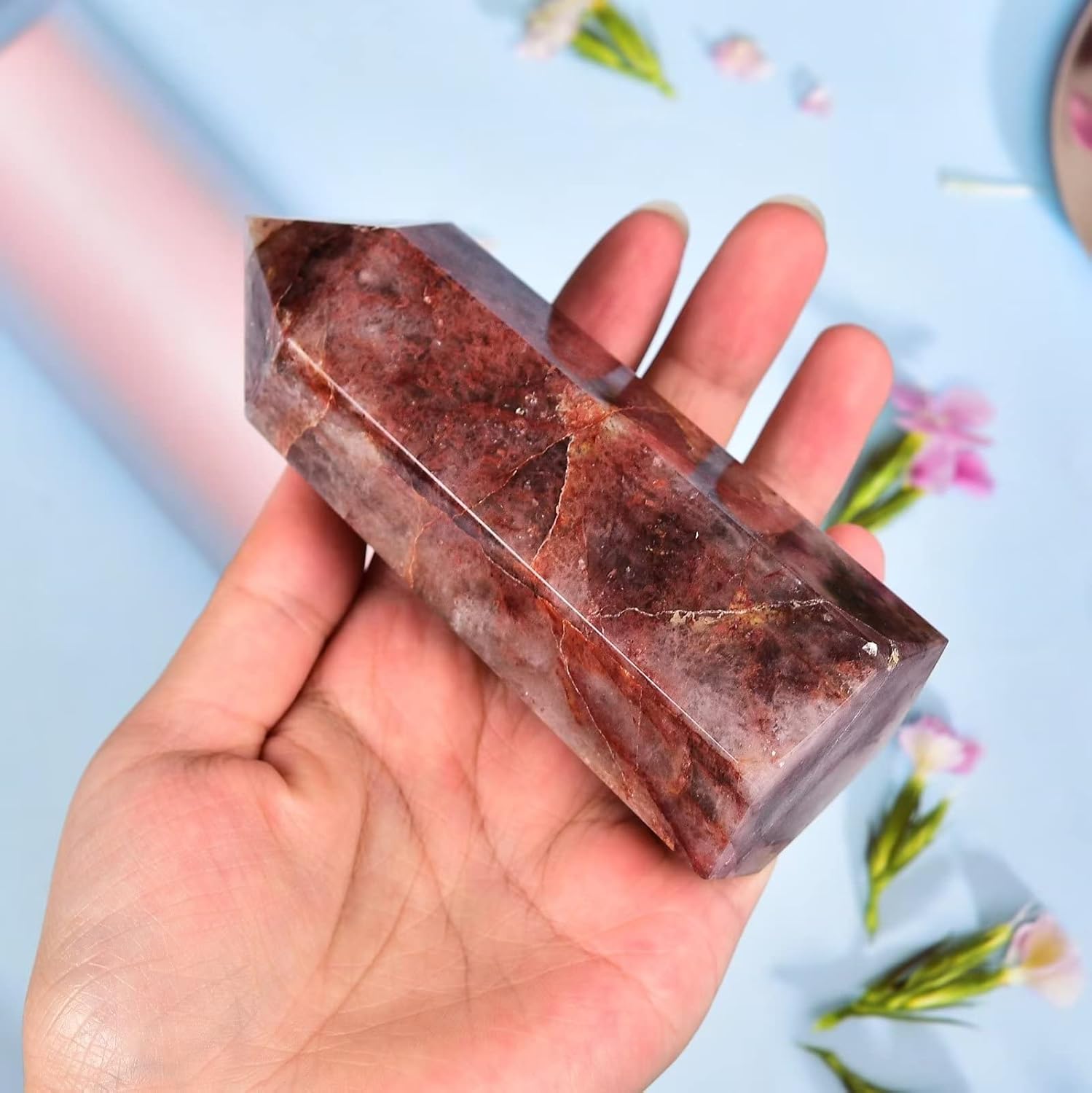 AMOYSTONE Large Healing Crystal Obelisk Towers Hematoid Quartz Point Wand Home Decor Reiki Healing 1.1-1.7 LBS