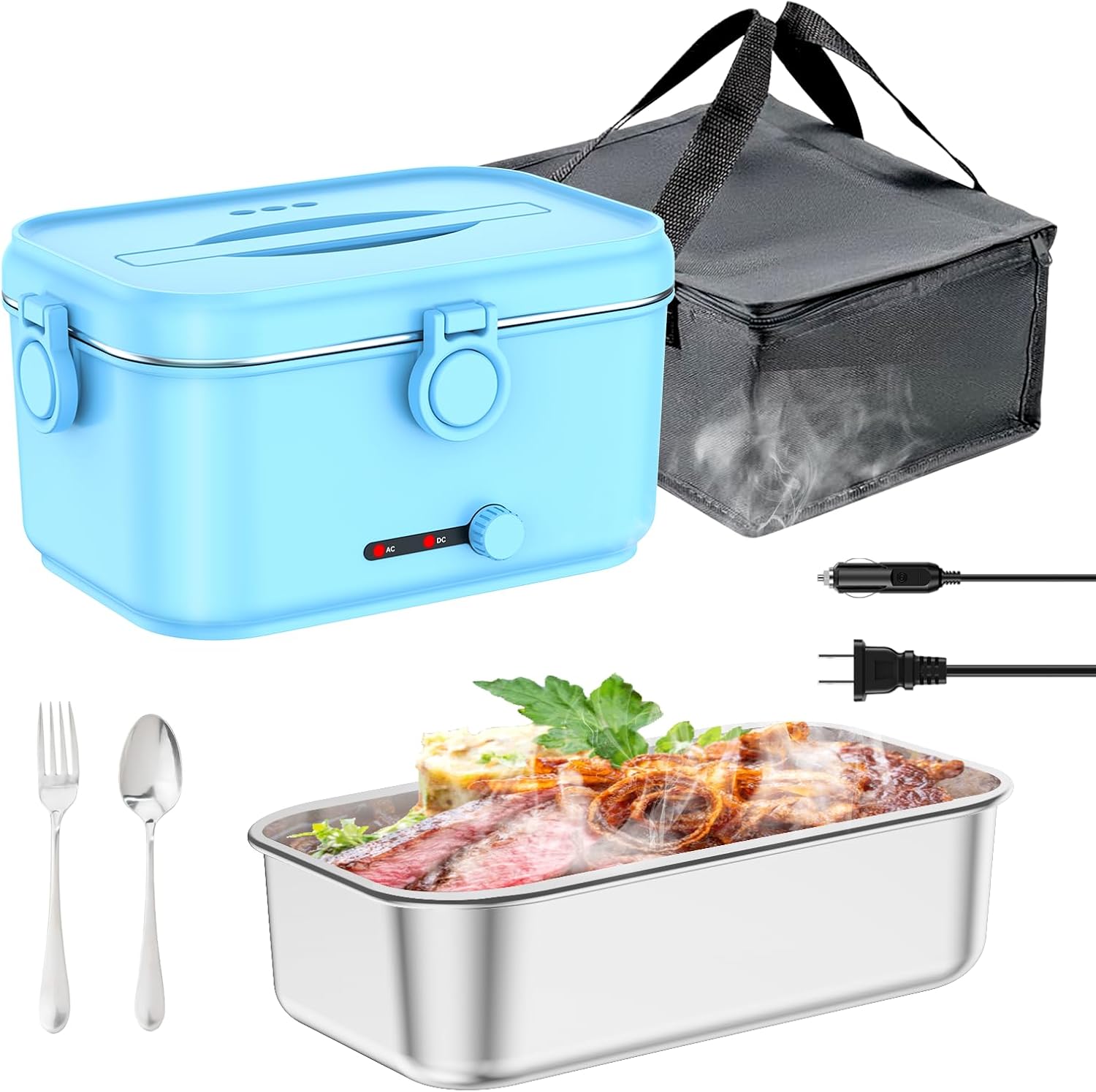 Heated Electric Lunch Box for Adults, 80W Portable Food Warmer with 1.8L Stainless Steel Container, Utensils, Carry Bag & Leakproof Lid, 12V/24V Car/Truck & 110/120V Home/Office (Light Pink)