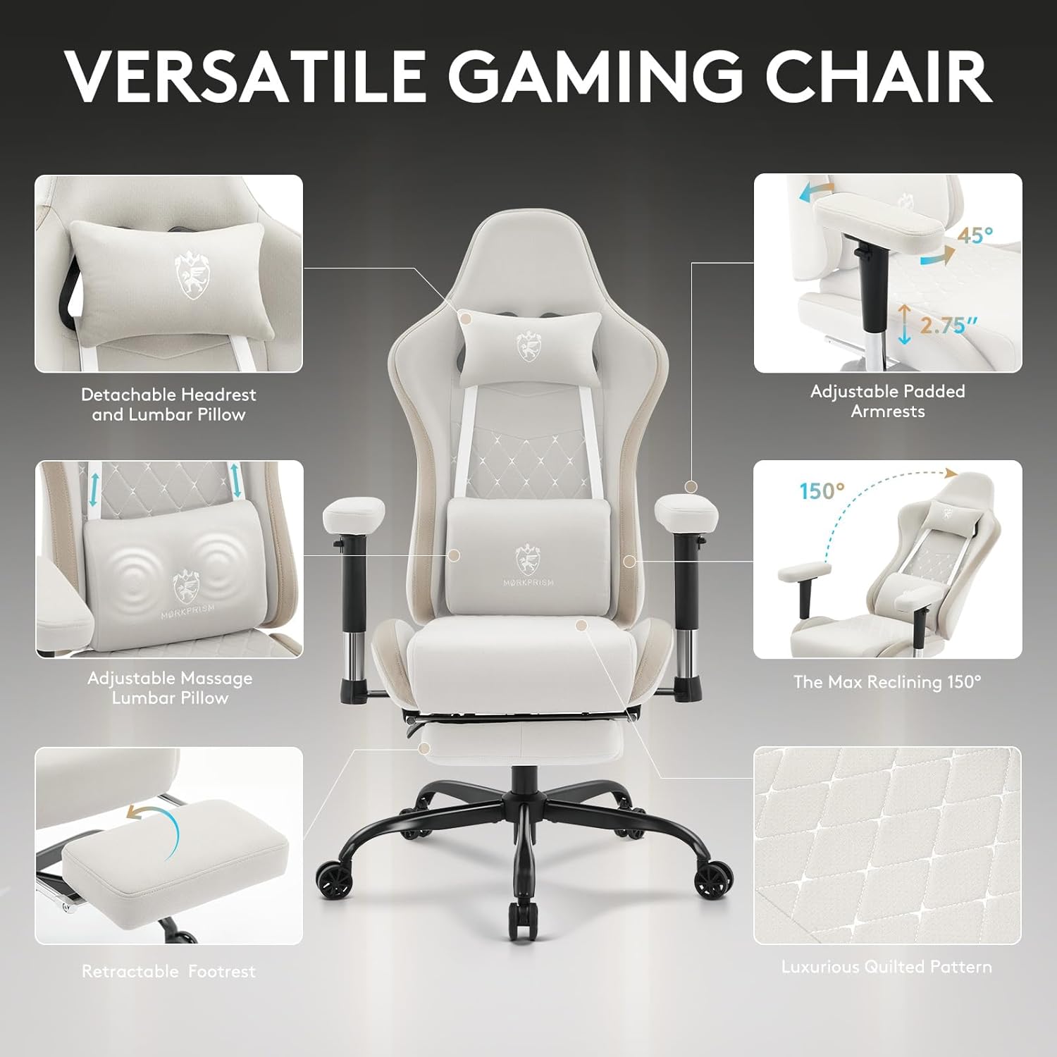 Gaming Chair Breathable Fabric,Computer Office Chair with Footrest,Massage Lumbar Support and Gel Pad,Ergonomic Reclining Gamer Chair with Adjustable Armrests and Spring Cushion Beige - Image 4