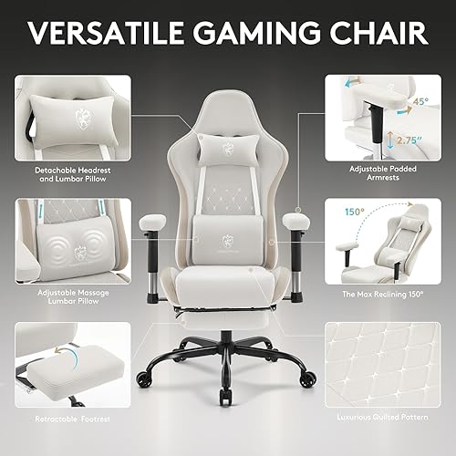 Vista 4 de Silla de juegos de tela transpirable, silla de oficina para computadora con reposapiés, soporte lumbar de masaje y almohadilla de gel, silla Beige