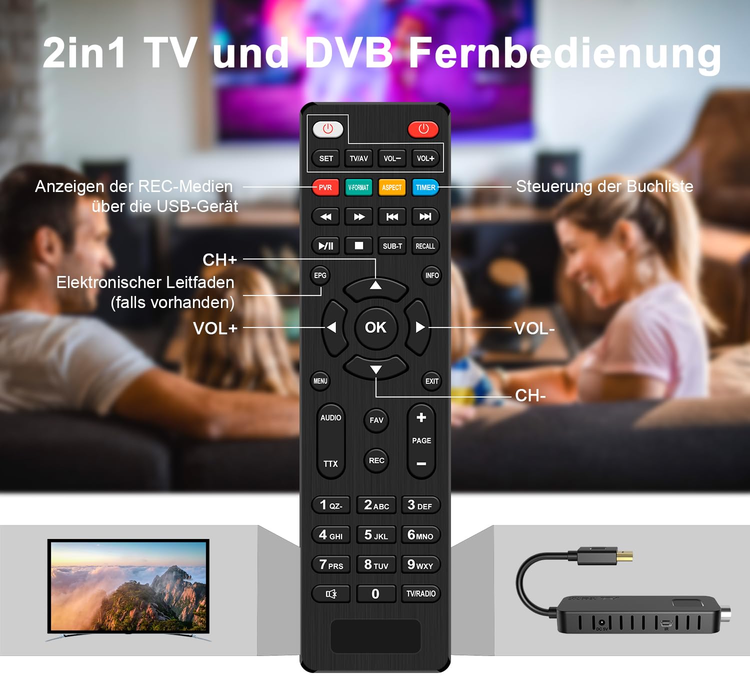 Dcolor DVB-T2 Digitaler terrestrischer Decoder - HDMI TV Stick, Dolby Audio HD 1080P H265 HEVC Main 10 Bit, Unterstützung USB WiFi/Multimedia/PVR [Inklusive 2in1 Universal-Fernbedienung]