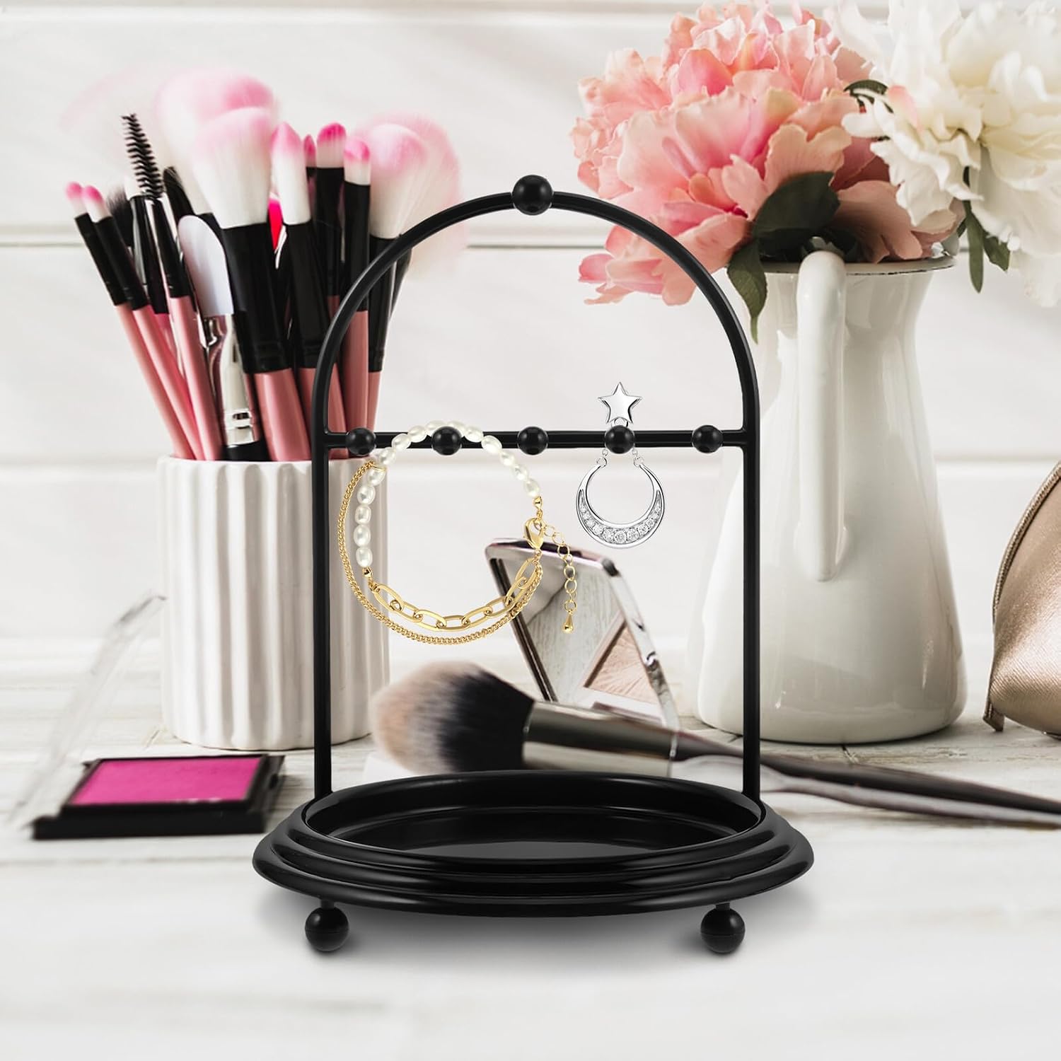 Jewelry Organizer Rack with Necklace and Bracelet Holder, Hanging Earring Display Stand for Dressing Table, Multi-functional Black Jewelry Storage Tower for Rings and Hair