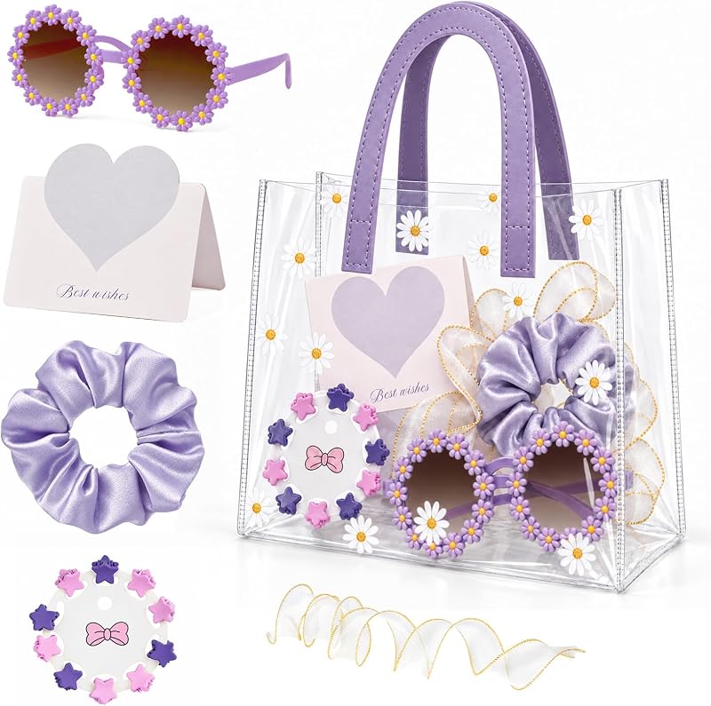 VIVOLOOM Conjunto com 6 itens para convite de daminha de honra, com bolsa, óculos de sol, presilha, elástico de cabelo, cartão e fita, Roxo