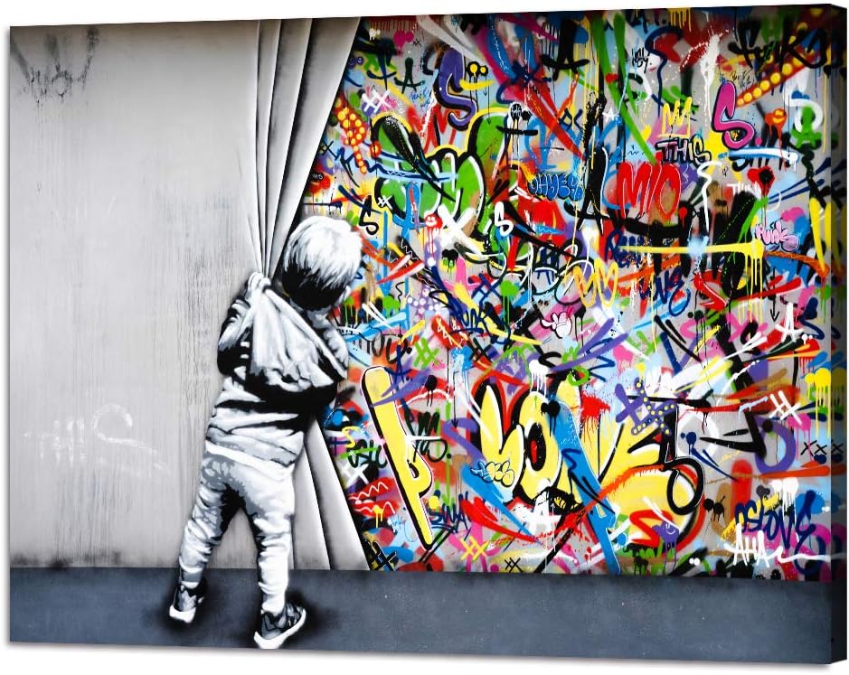 Amazon Com Banksy Graffiti Wall Art Behind The Curtain Classic Street Art Printing Colorful Pop Art Canvas Paintings Posters And Pictures Prints Framed Modern Home Decor Artwork For Living Room 24 W X 18 H Posters