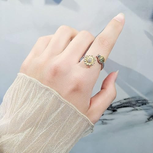 Vista 2 de VIFE Anillos de plata esterlina S925 para ansiedad para mujer, anillo abierto ajustable, circonita cúbica 3A, abejagirasol You are My Sunshine