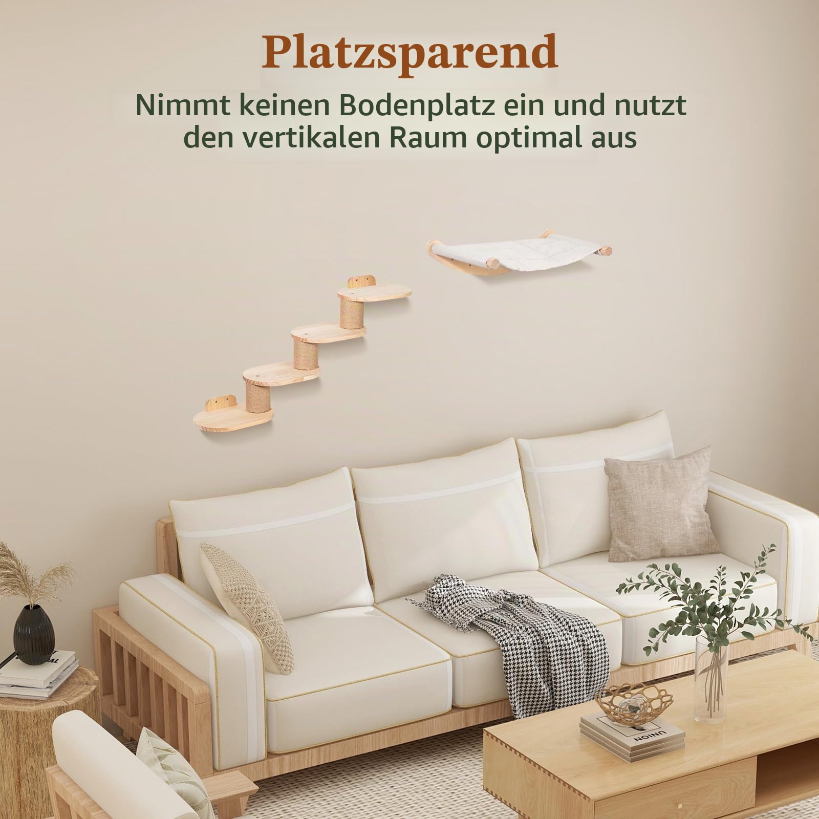 Todeco Katzenwand mit Katzentreppe & Hängematte, 2 in 1 Kratzbaum Wand