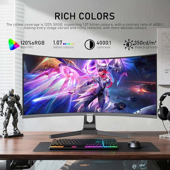 Gawfolk 34 Inch Ultrawide Curved 200Hz Gaming Computer Monitor,1500R PC Screen 21:9 UWQHD (3440x1440),120% sRGB,Adaptive Sync,Built-in Speaker,HDMIDisplay Port,Compatible with Wall mounting-Black