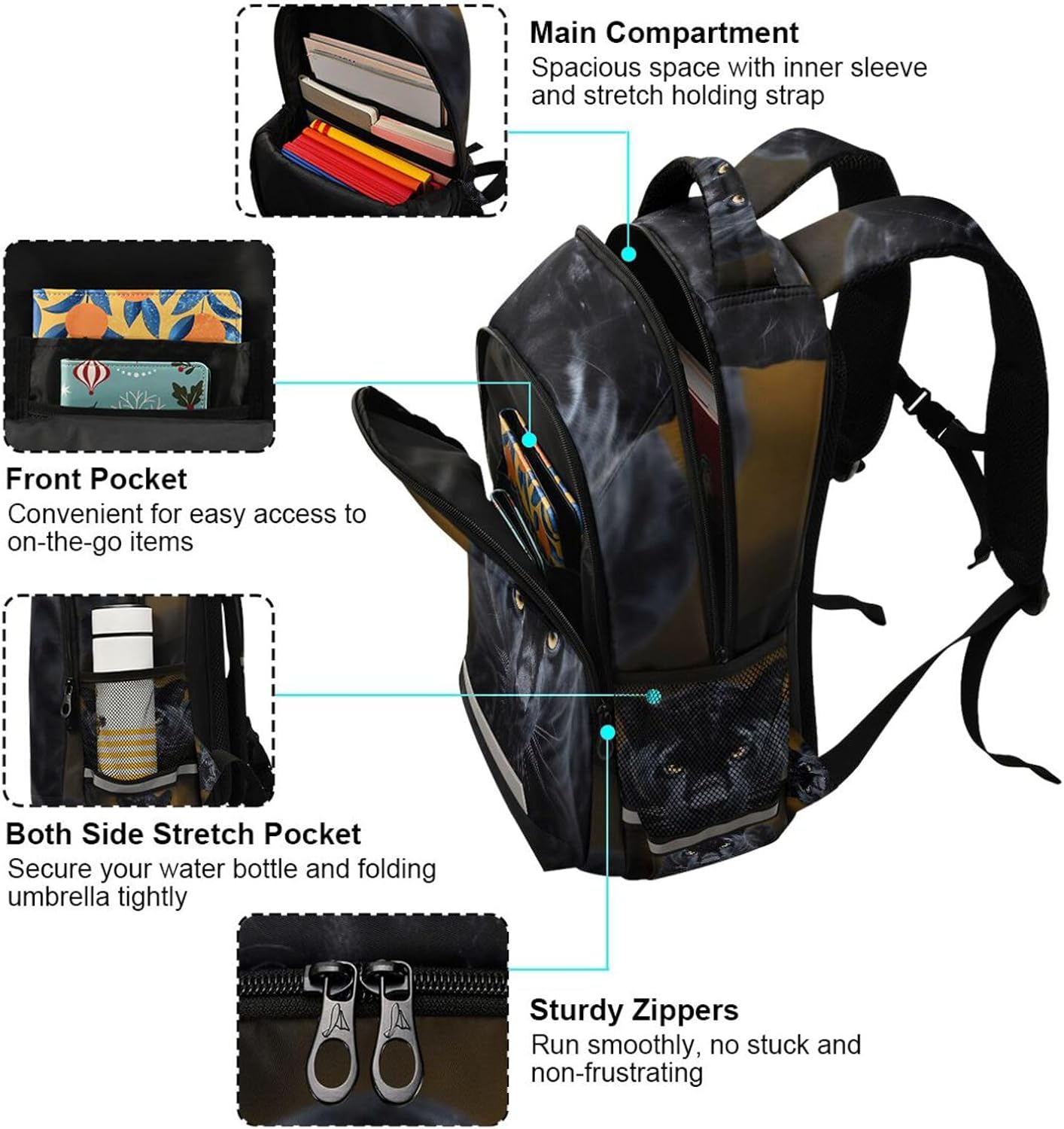 xigua Cool Black Panther Students Backpack,School Bookbag with Reflective Stripe,Waterproof Laptop Backpack for Children Outdoor Camping Travel Daypack Casual Bags