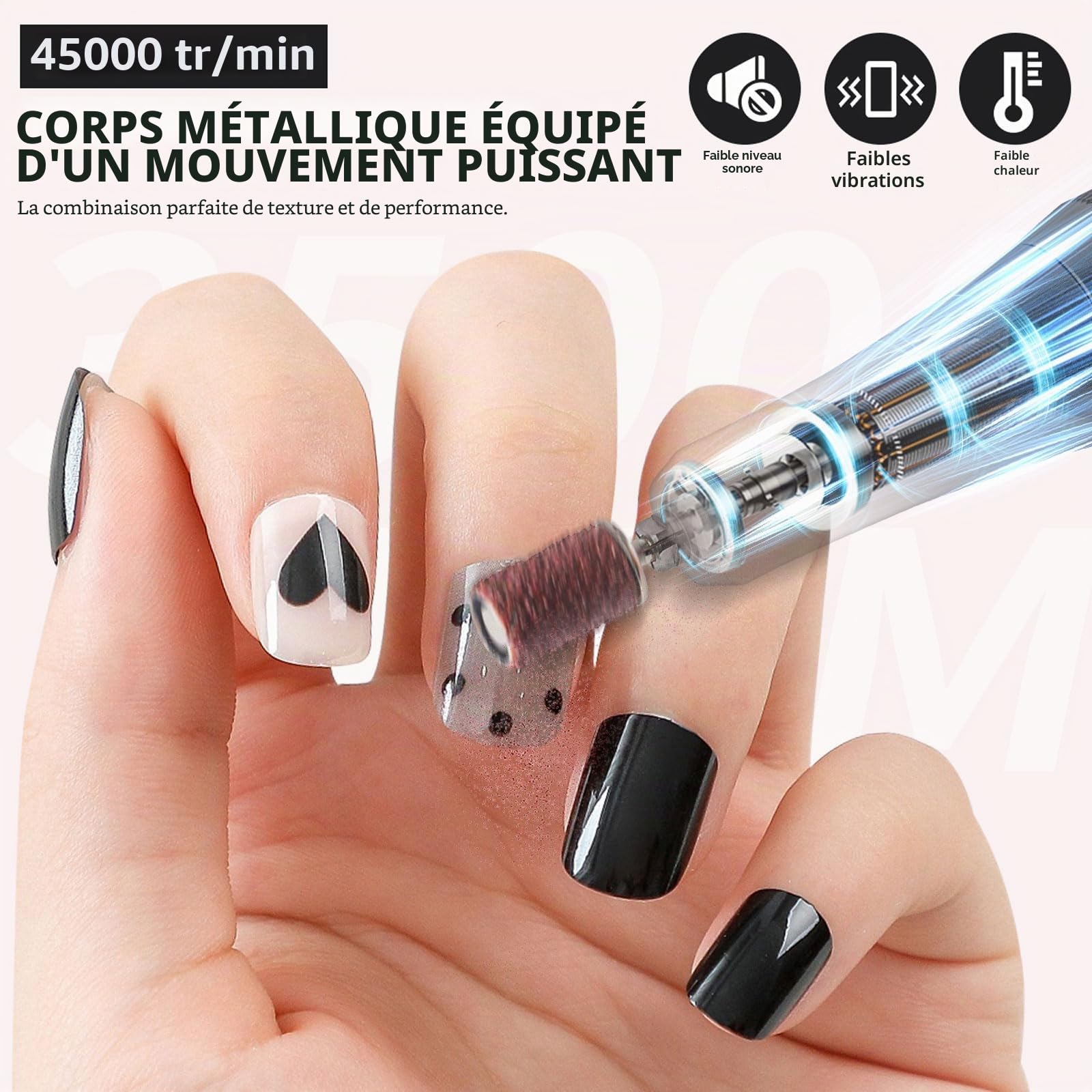 Ponceuse pour Ongles Professionnelle 45000 RPM Portable Rechargeable avec 13 Embouts et 56 Bandes de Ponçage, LCD écran, Ultra Silencieuse, Silencieuse pour Salon/Maison (Rose)