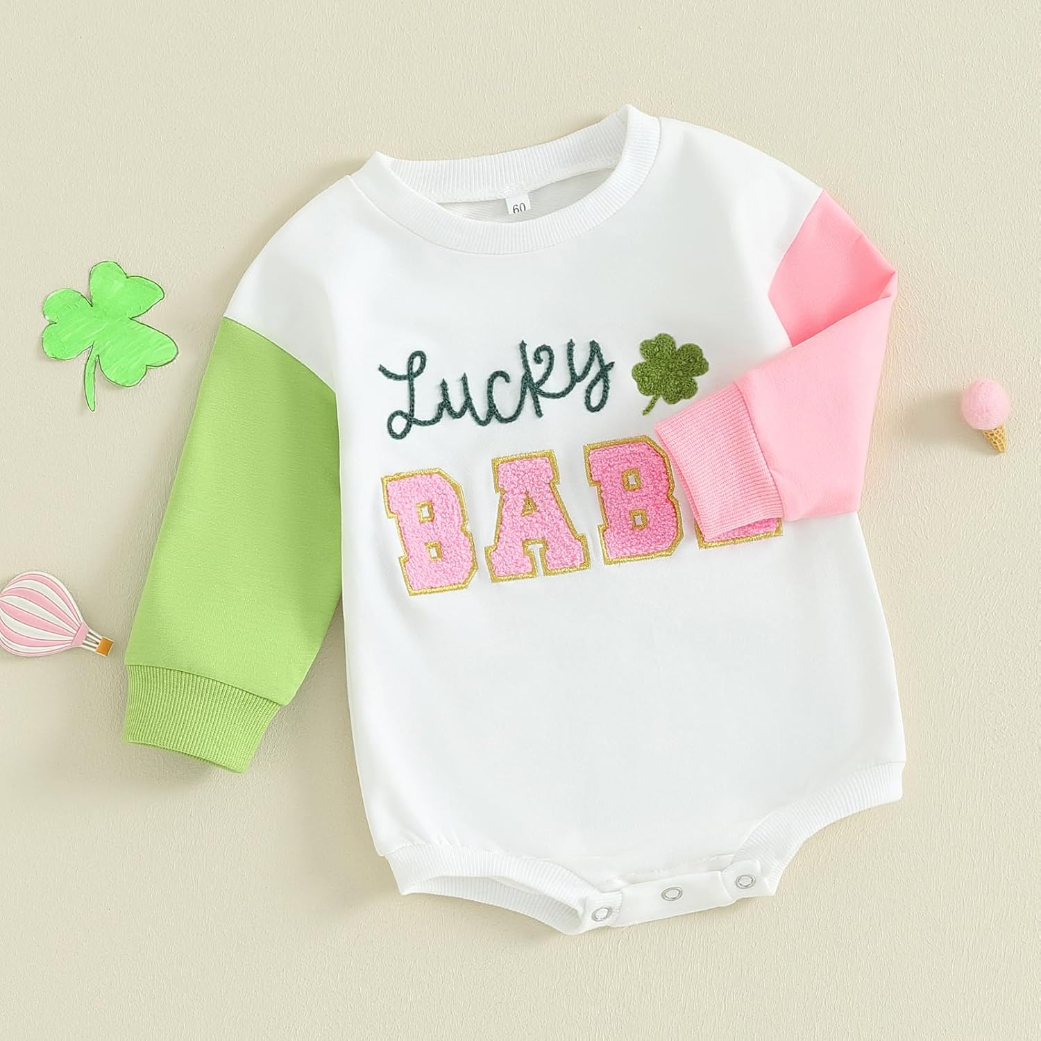 St Patricks Day Baby Boy Girl Outfit Crewneck Sweatshirt Bubble Romper Lucky Charm Long Sleeve Sweater Bodysuit Top - Image 4