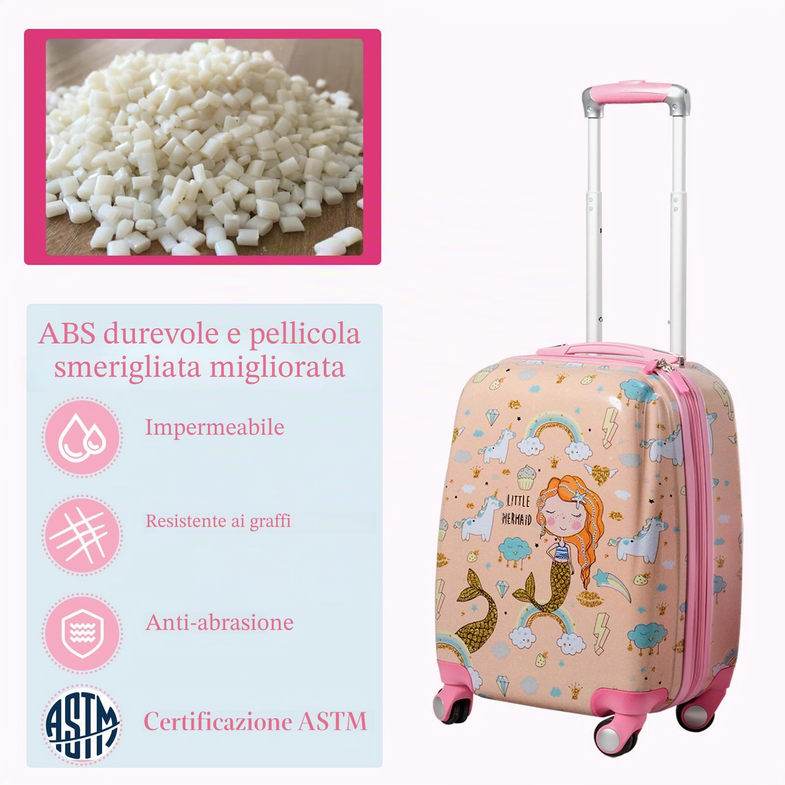 SOARS Set di Valigia 18’’ + Zaino 12’’ per Bambini 2 Pezzi, Bagagli 2-in-1 con Zainetto da Viaggio Aereo, Trolley con Maniglia Telescopica e 4 Ruote a 360° (Rosa Sirena)