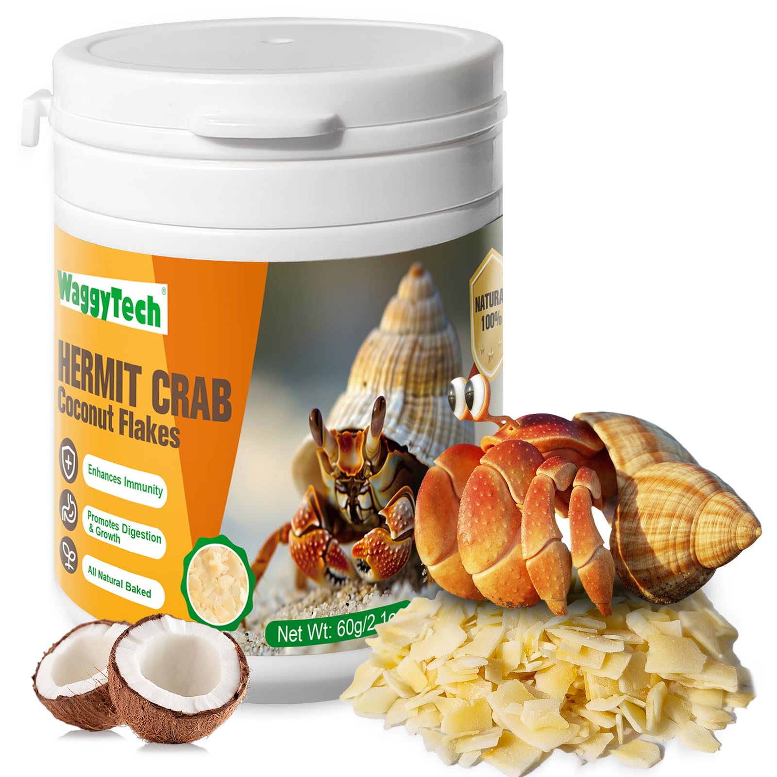 WaggyTech Hermit Crab Food - Baked Coconut Treat, Natural Dried Coconut for Crab Healthy & Additive Free, Easily Digestible Hermit Food Hermit - Ideal