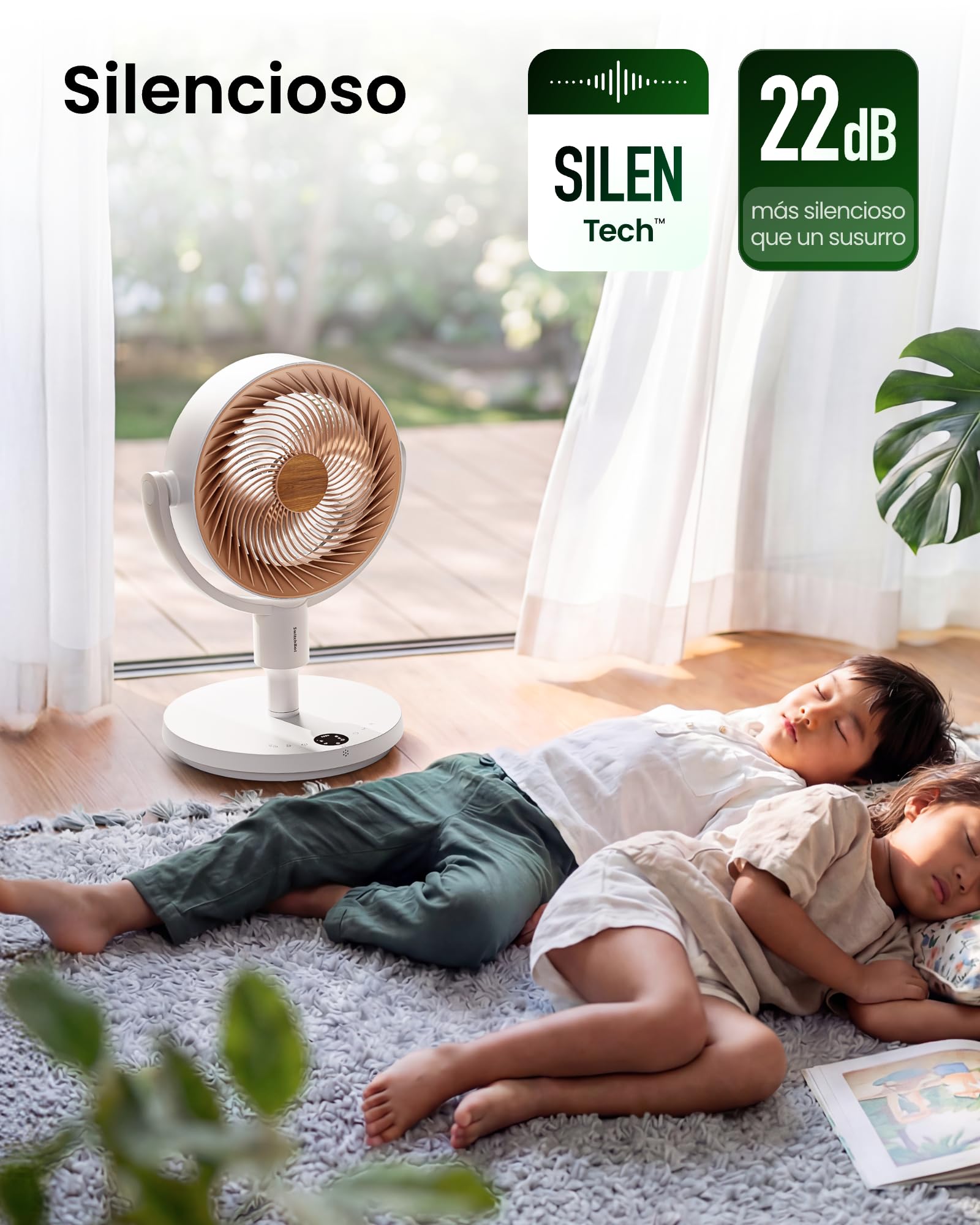 SwitchBot Ventilador Circulador de Pie con luces RGB, ultrasilencioso de 22 dB con mando a distancia, hub Matter, caudal de 9,15 m³/min, altura ajustable, 4 modos, 9 velocidades, temporizador de 9 h