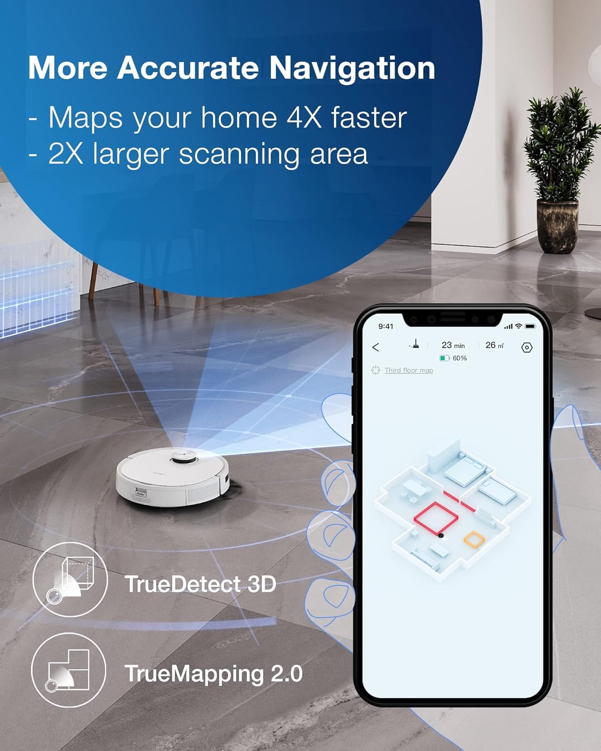 ECOVACS DEEBOT TEO+ Robot aspirateur et Robot Nettoyeur Combo avec Station de Vide Automatique, cartographie Laser de précision, Cartes 3D, Balayage oscillant, Puissance d'aspiration 3000 Pa