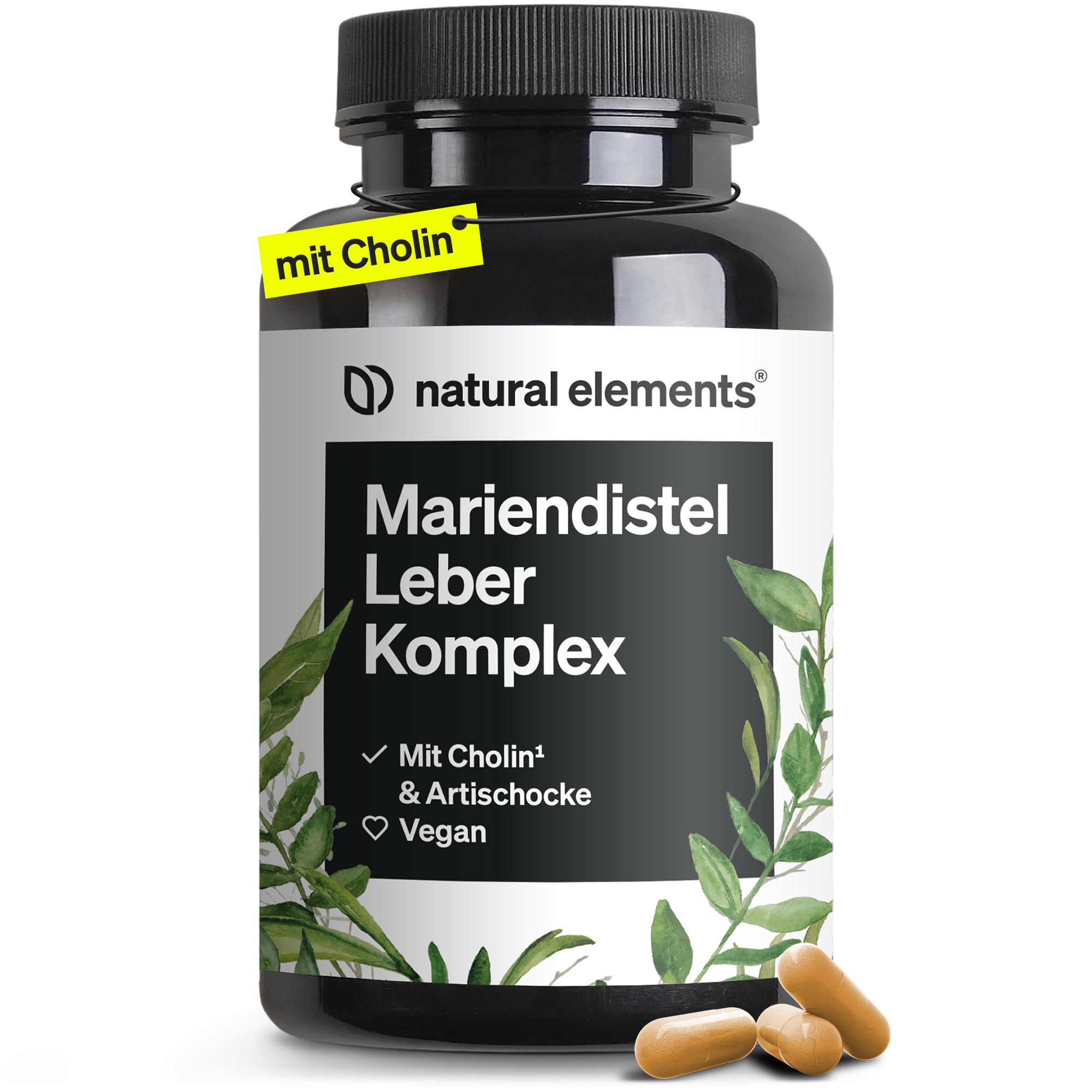 natural elements Mariendistel Leber Komplex - 120 Kapseln - mit Mariendistel, Cholin, Artischockenextrakt, Curcuma & Zink - Leberkur Hochdosiert, vegan, laborgeprüft und in Deutschland produziert