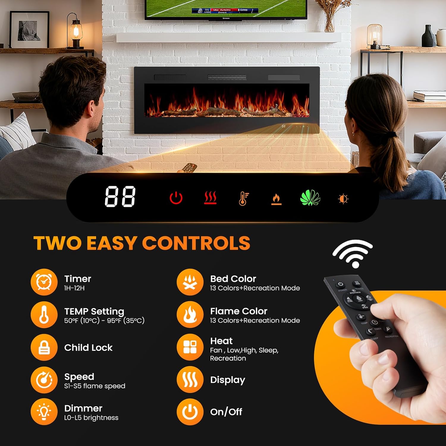 Sweetcrispy 60” Electric Fireplace Insert, 1500W Wall Mounted & Recessed Fireplace, Freestanding Fireplace Heater with Remote & Touch Panel Control, Adjustable Flame Effect, 12H Timer for Indoor use