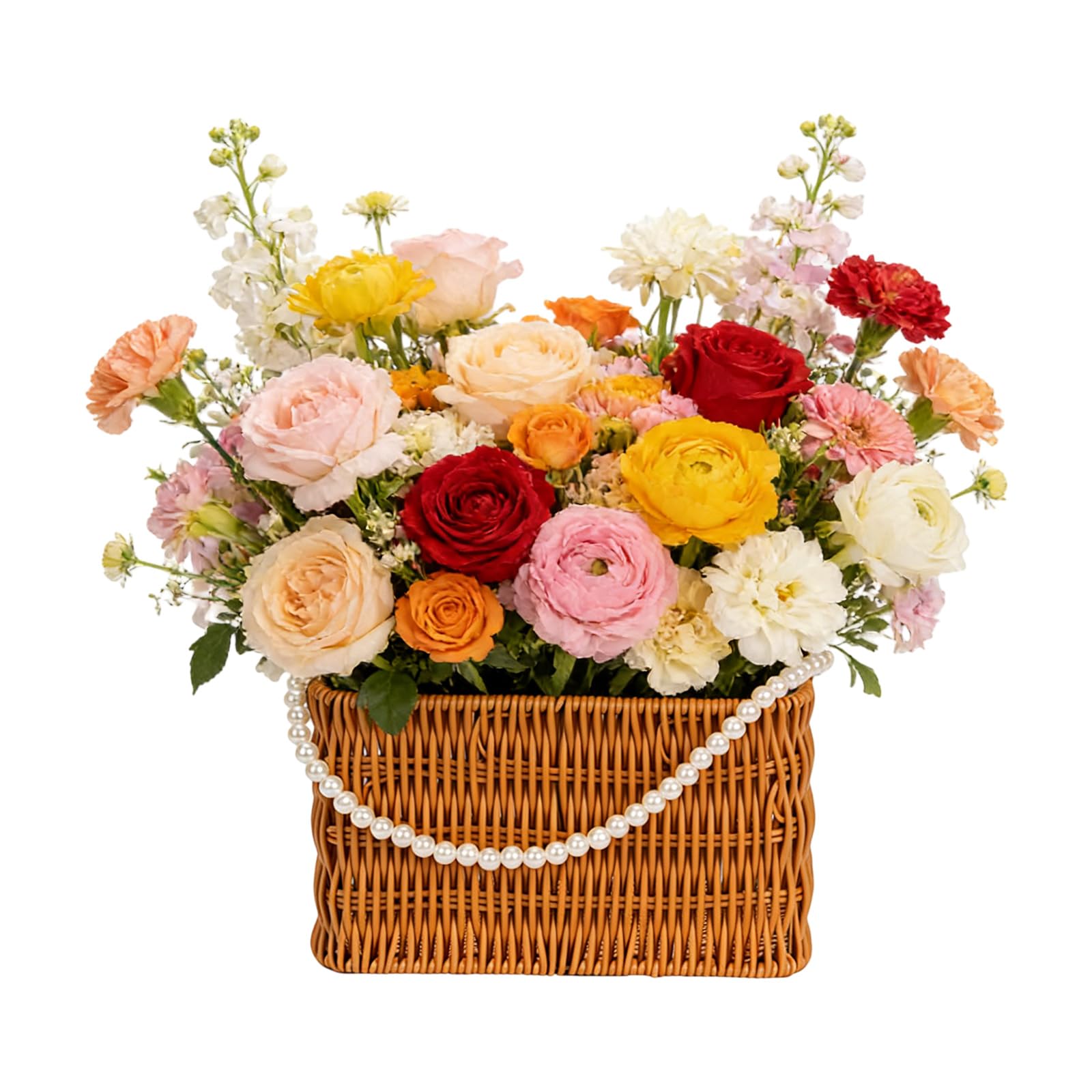 Stylish PP Handwoven Basket with Pearls Accent for Bathroom Kitchen Storage Flexible Handbag Stone Decoration