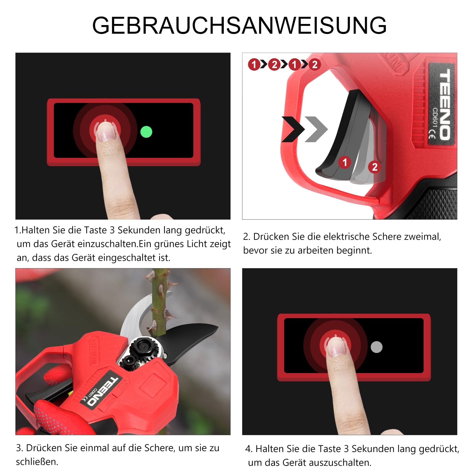 TEENO Elektrische Baumschere 21V, Professionelle Gartenschere MAX 25 mm Schnittdurchmesser, Schere Astschneider Rosenschere Kabellos mit Sicherheitsschalter, 1 * 2000mAh Akkus für 3-4 Arbeitsstunden