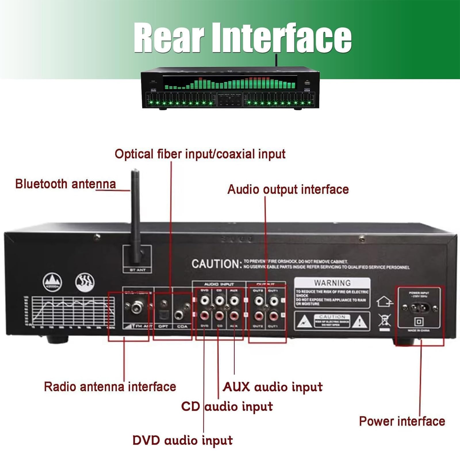 31-Band Digital Equalizer, EQ8000 Stereo Grafischer Equalizer mit Fernbedienung, Bluetooth 5.4 Optische Koaxial-Digital-Audio-Decodierung, 12 Rhythmusmuster, Rauschunterdrückung, für Aufnahmestudio