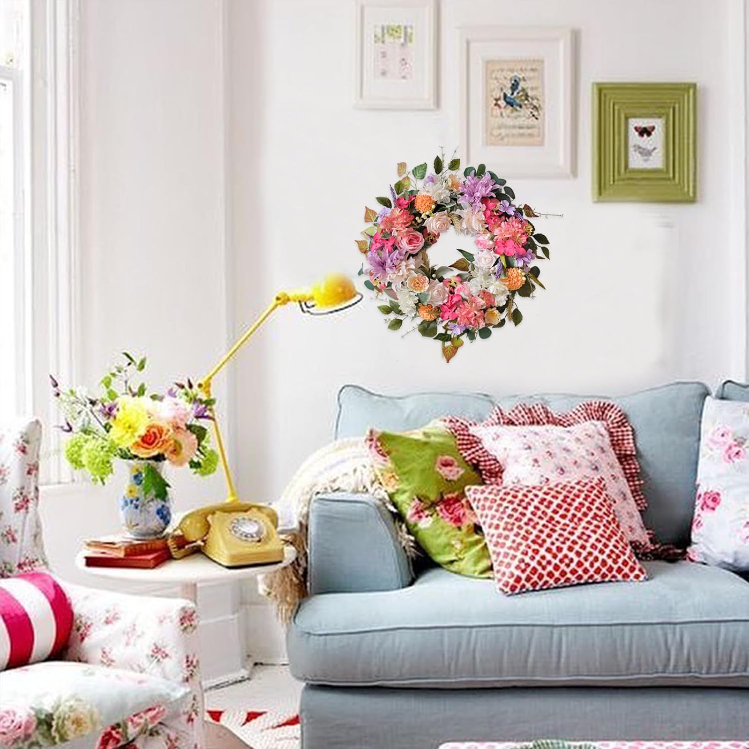 22-inch Pink Front Door Wreath Spring Artificial Rose Wreath Spring Summer Front Door Hallway Indoor Outdoor Decorative Festive Wedding Decorative