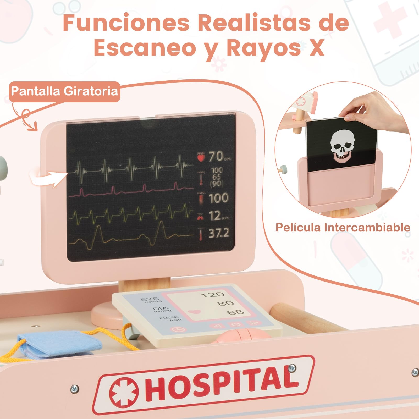 COSTWAY Juego de Médicos de Madera para Niños, Kit de Doctor de Juguete de Carrito con Máquina CT, Estetoscopio, Puesto Médico Centro de Actividades Móvil con Accesorios, para Niños de 3+ Años