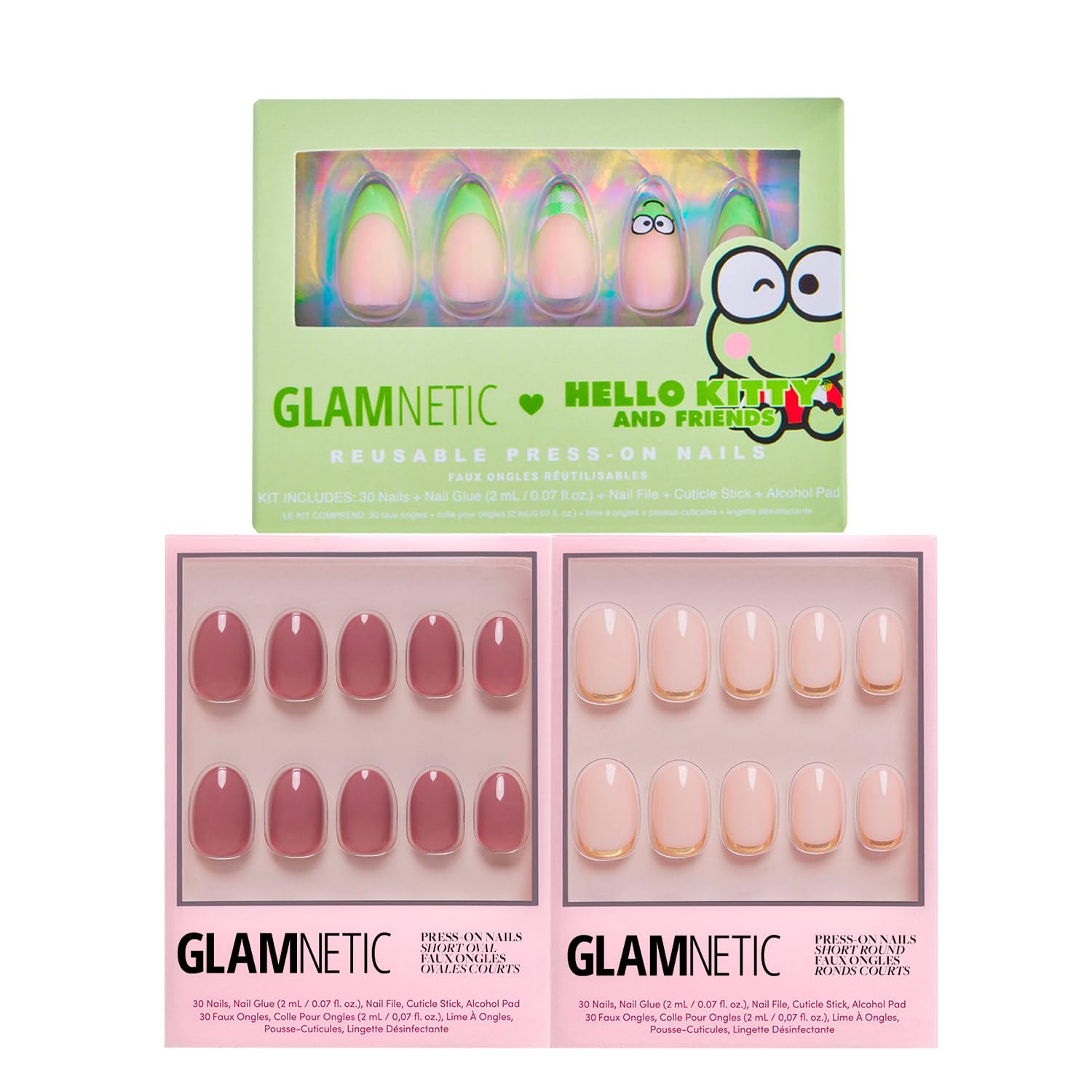 Glamnetic x Hello Kitty® and Friends Press-On Nails Bundle - Keroppi™, Fall Mauve, Goal Digger | Green French Tip Short Almond Graphic Fake Nails | Muted Blush Mauve Short Oval False Nails | Natural S