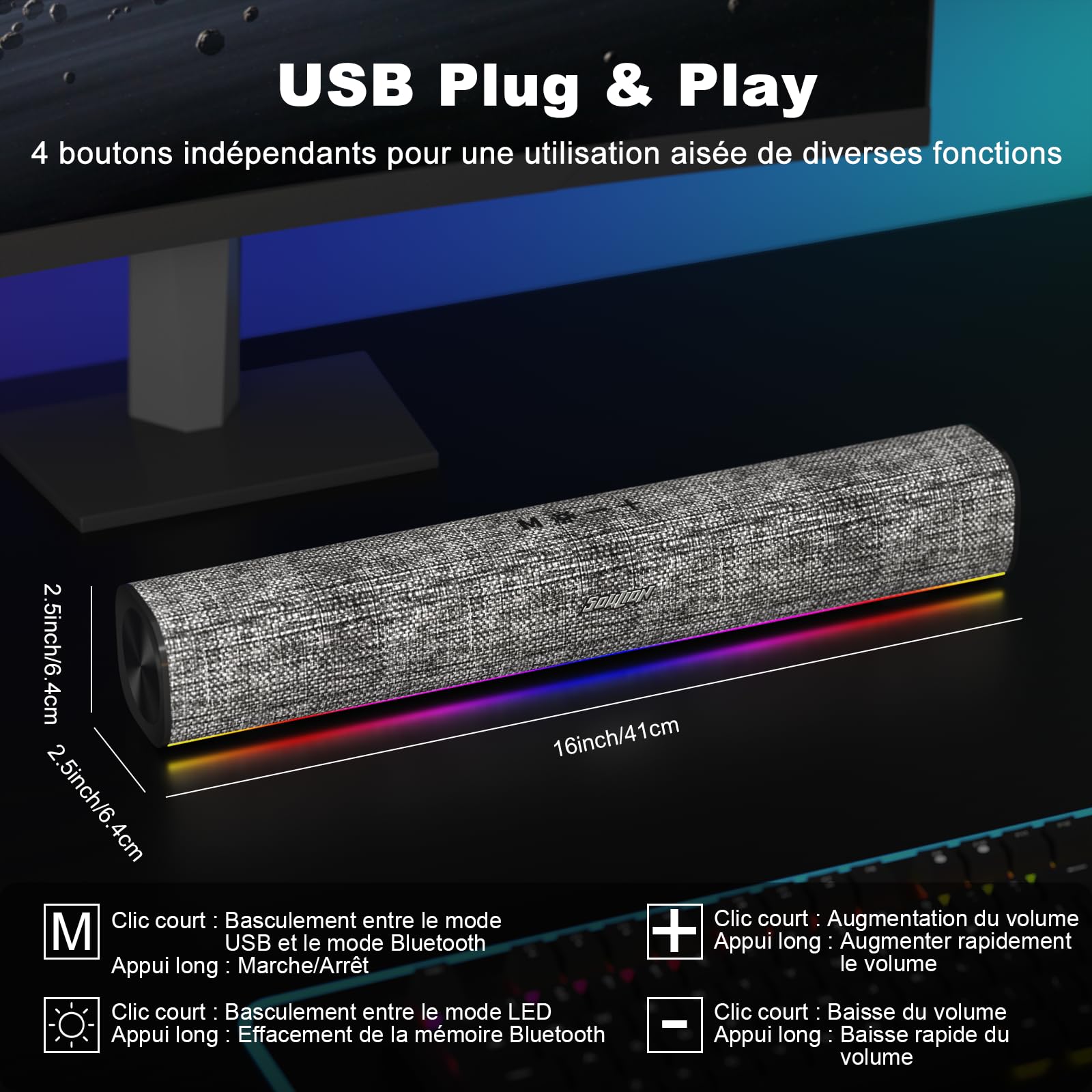 SOULION R100 Enceinte PC, Bluetooth Barre de Son PC avec Synchronisation/Affichage Audio-Lumière, pour PC, Tablette, Smartphone, 42 x 6 x 6cm (Alimenté par USB)