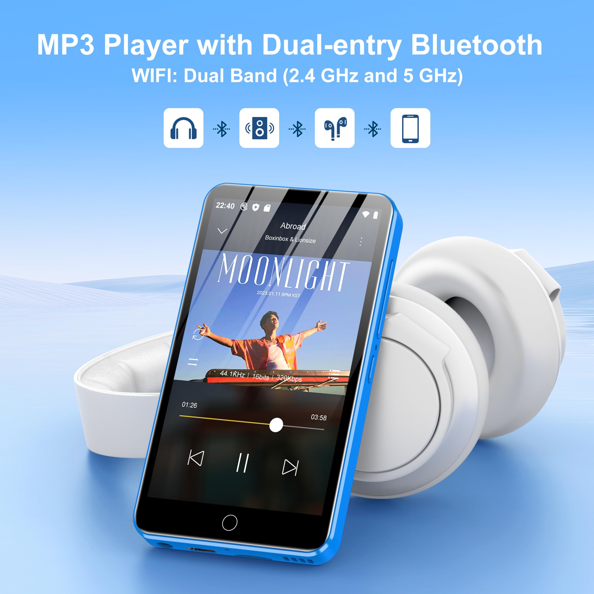 Lettore MP3 Diofox 80GB con Bluetooth e Wi-Fi, Lettore MP3 Android Spotify, Amazon Music, Audible, Lettore MP4 con touchscreen da 4 pollici, Musica in streaming, Play Store, Radio FM, Deezer - Blu