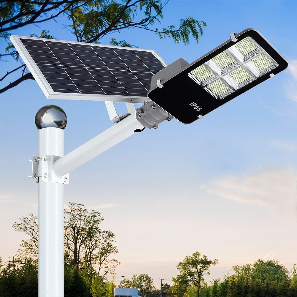 Luces de calle solares LED de 400 W para exteriores, luz de inundación de seguridad del atardecer al amanecer con control remoto y poste, inalámbrico, impermeable, perfecta para patio, estacionamiento, calle, jardín y garaje