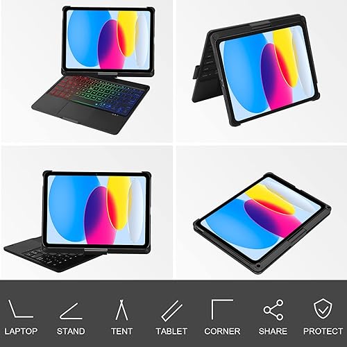 Miniatura 6 de JADEMALL Touchpad - Funda para iPad de 10 generación con teclado funda para teclado retroiluminada con trackpad multitáctil y soporte para lápices
