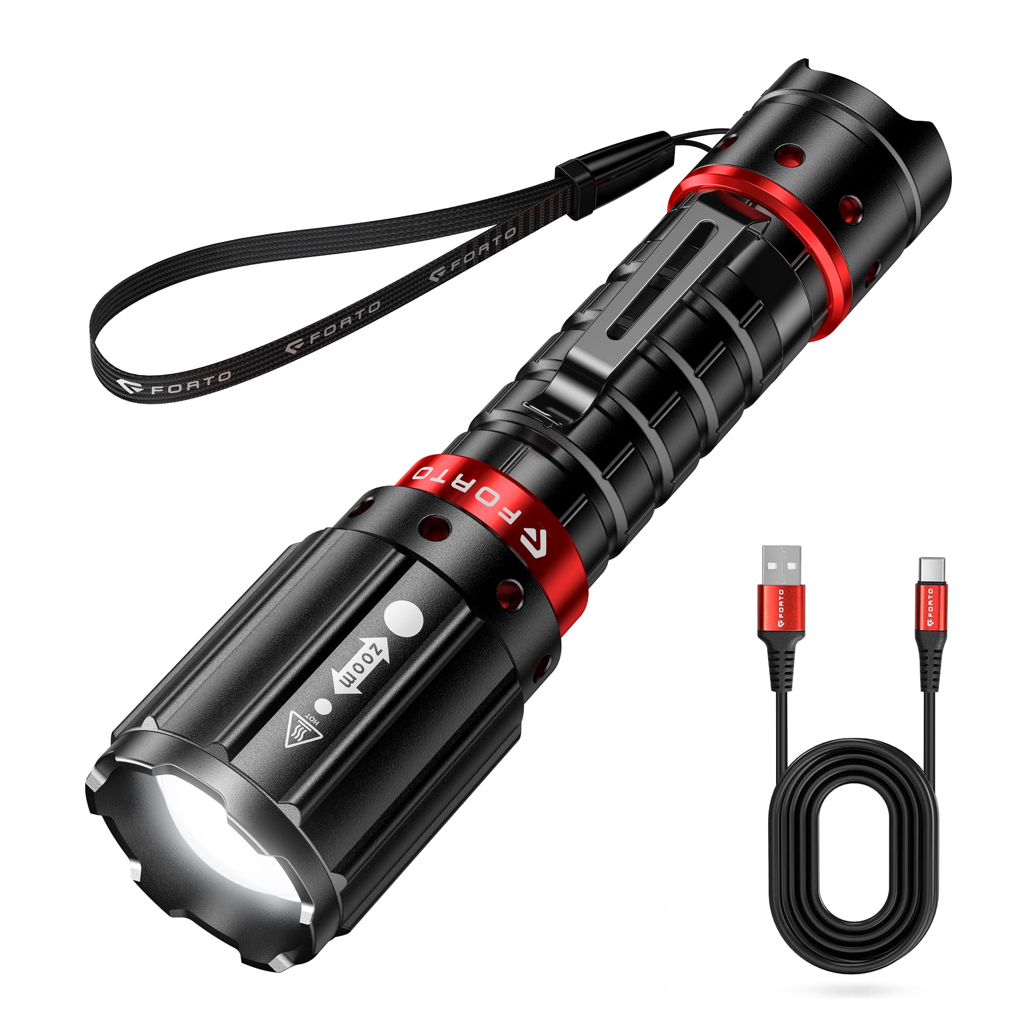 FORTO Tactical Flashlight, LED Rechargeable Flashlight, 100000 High Lumens, Bright Flashlight with Zoomable, 3 Modes, Waterproof, USB Rechargeable, Flash Lights for Outdoors, Hiking, Emergency, 1000m