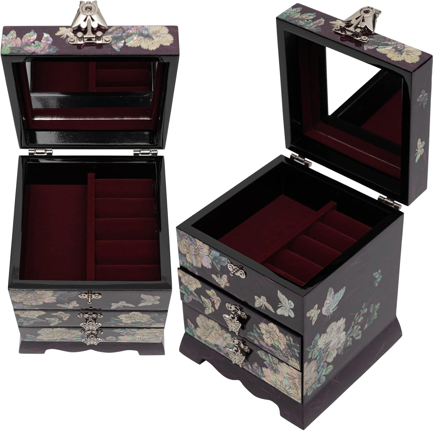 February Mountain Mother of Pearl Jewelry Organizer Storage Box with 2 Drawer Mirror lids- Perfect Display for Earring Necklace Rings Bracelet - Surprise Gifts for Women Decorative Box (Purple) : Clothing, Shoes & Jewelry