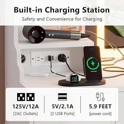 Miniatura 2 de Escritorio de maquillaje blanco con espejo y luces, juego de mesa grande con estación de carga, tocador con gabinetes RGB, espejo de tocador de