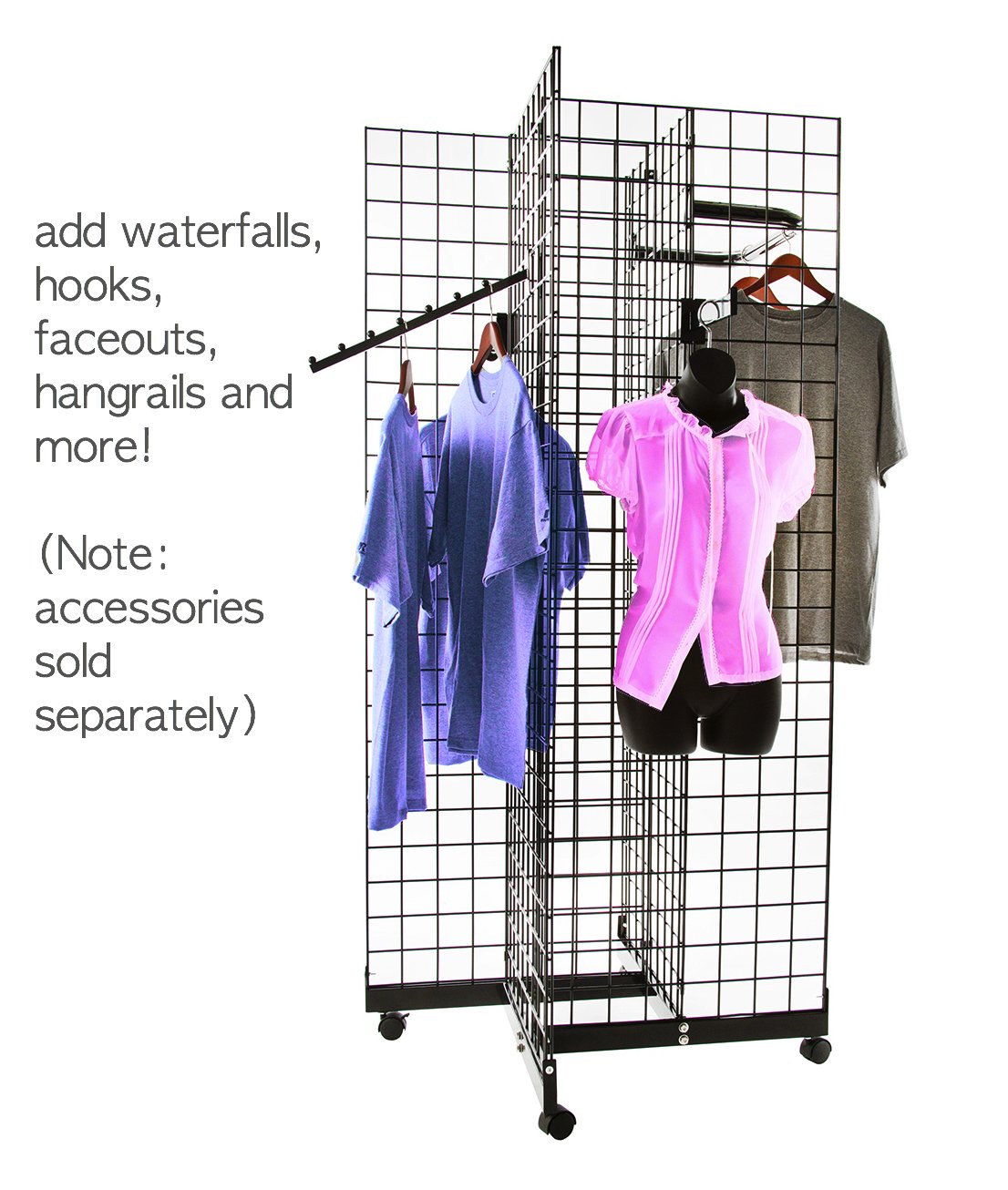 Only Hangers Black 4-Way Wire Grid Tower with Base and Casters - 2' x 6' Wire Grid Panel 4-Sided Rolling Display Rack