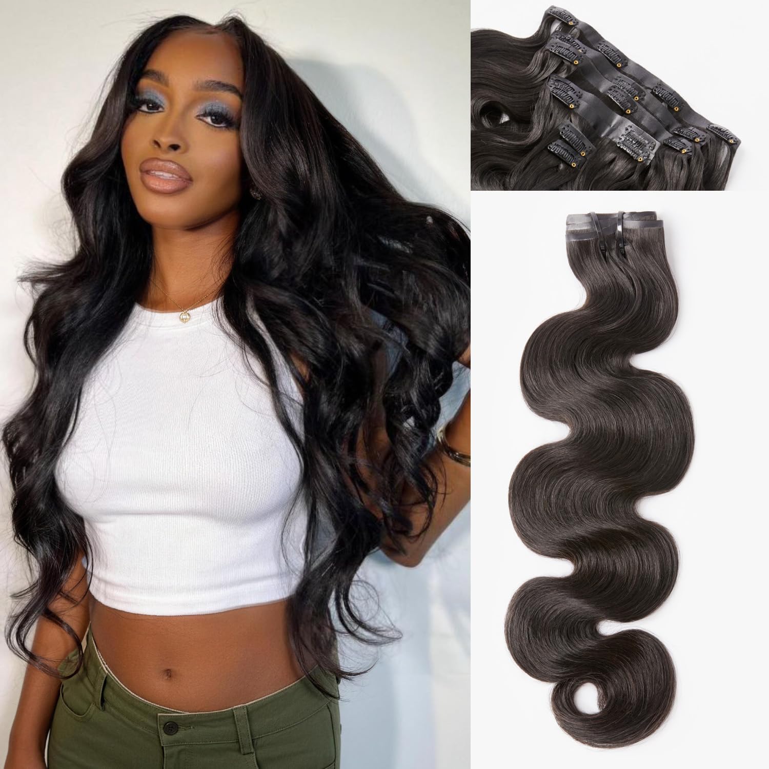 LUVME Hair Extensions Real Human Hair, Natural Black 135g 7pcs 20 Inch, Seamless Clip in Hair Extensions Human Hair Clip ins Body Wavy Hair