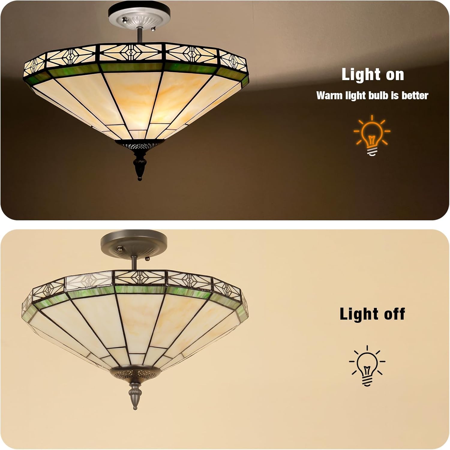 Capulina Tiffany Lamp Stained Glass Ceiling Light 2-Light 16 Inches Wide Cream Tiffany Style Semi Flush Mount Ceiling Lamp for Dining Room Porch Hallway Kitchen Entryway