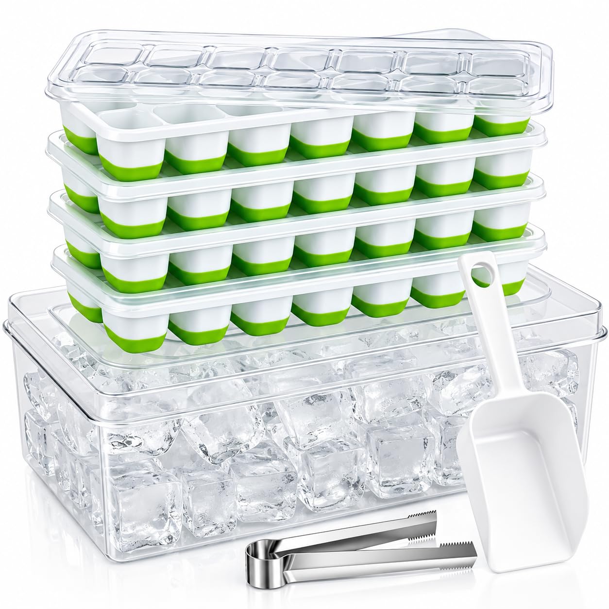 Juego combinado de cubo de hielo y 4 bandejas, contenedor grande y tapa cubierta, 4 bandejas de silicona y apilables para cubitos de hielo, pinzas y cuchara de hielo incluidas (4