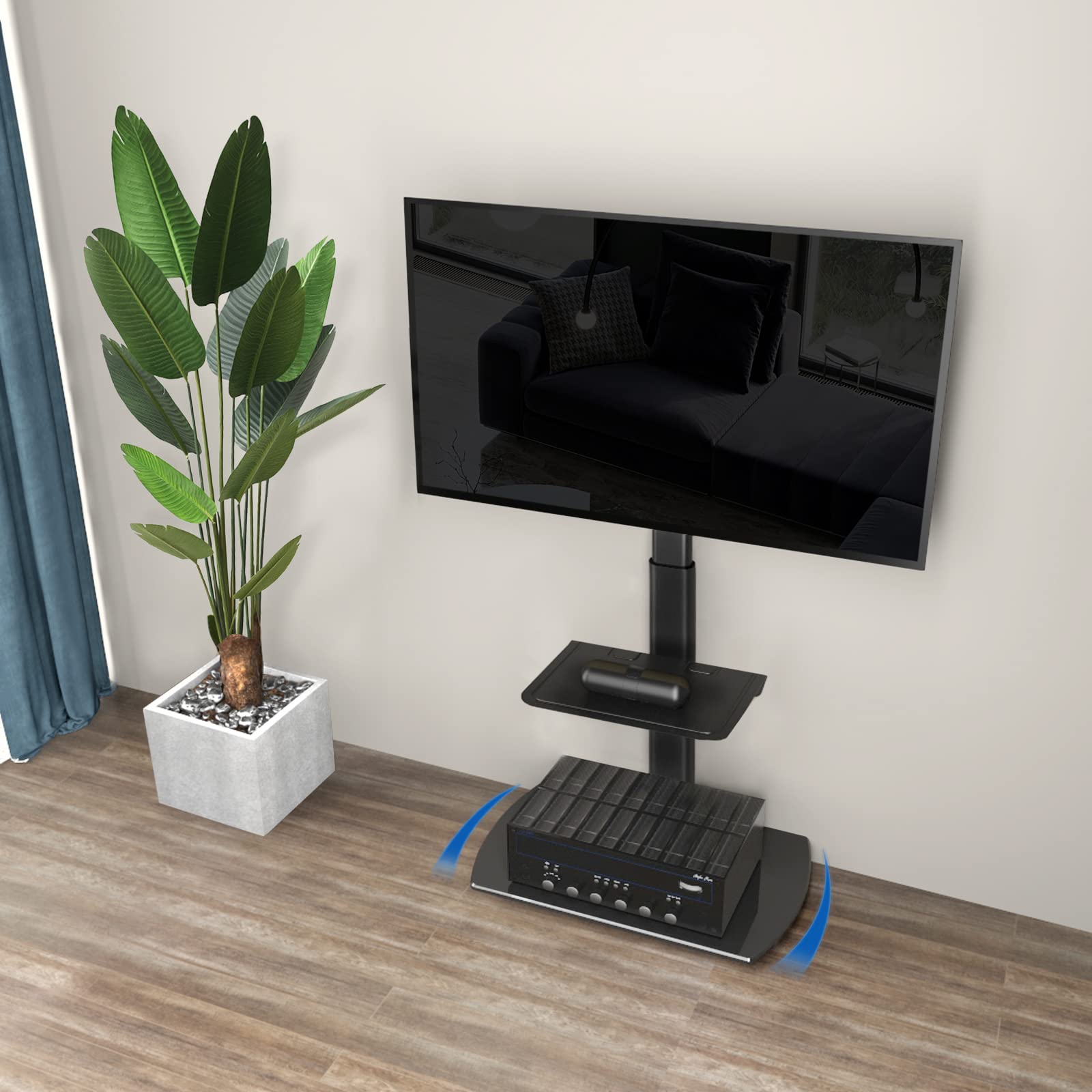 RFIVER TV Floor Stand with 2 Shelves for 32 to 65 inch Flat or Curved Screens, Height Adjustable