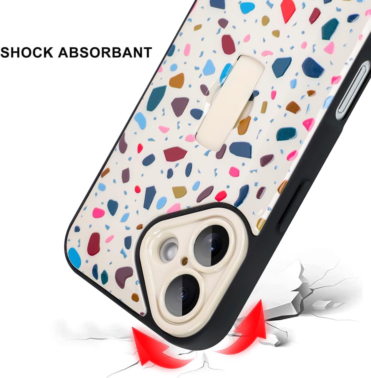 SAKUULO for iPhone 16 Case with Finger Hand Strap Kickstand, Cream Terrazzo Print Pattern Phone Case for Women Men, Strengthen Protection Cover, Cream Terrazzo (6.1") - Image 5