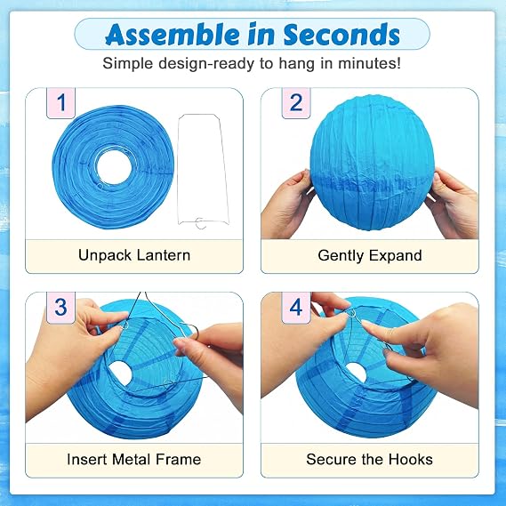 Blue Paper Lanterns, 12Pcs 6-12 Inch Round Hanging Party Decorations