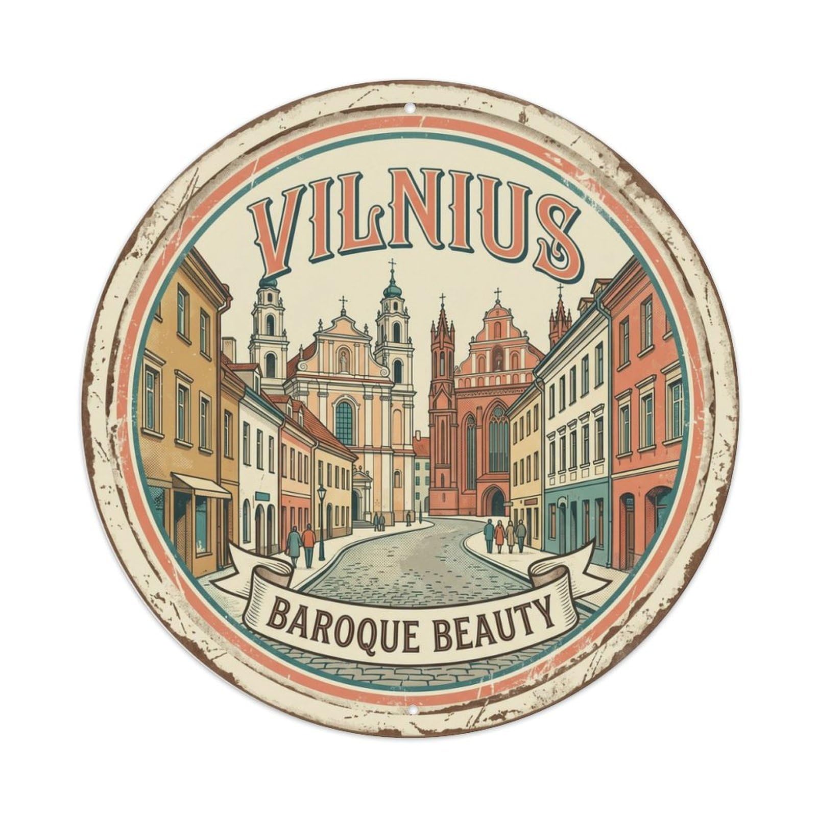 Vintage Travel Vilnius Lithuania Baroque Metal Tin Sign Plaque Wall Decor for Cafe, Club Bar, Office, Home Garden Round Metal Poster 8x8Inch