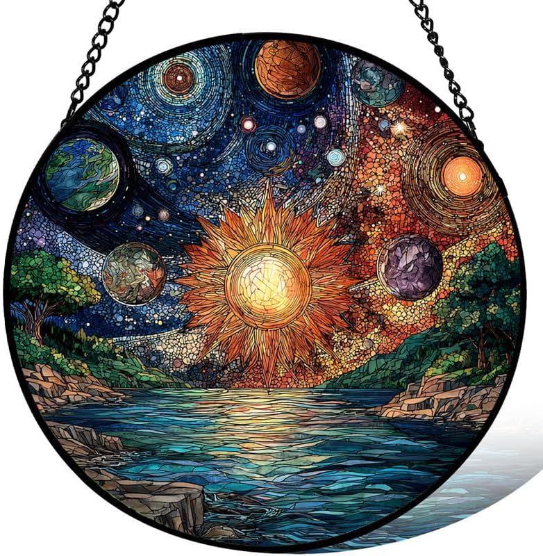 Stained Glass Window Hanging， Cosmic Sun and Galaxy 11.8in Sun Catchers Indoor Window， Core Decor Inside and Outside The Cottage， Gifts for Women， Celestial Art Pendant Home Ornament