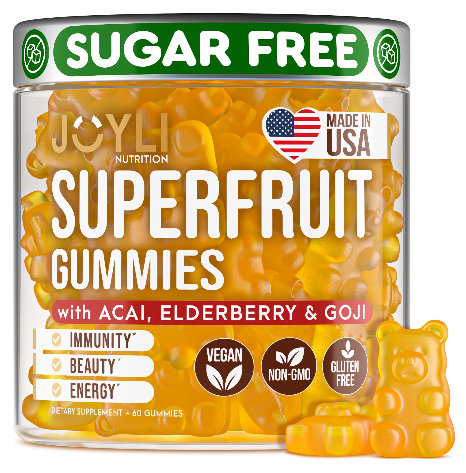 Joyli Superfruit Gummies - Sugar-Free Fruit Multivitamin Gummies for Adults - Natural Gummy Vitamins for Women & Men with Goji, Elderberry, Vitamins A, C, D & E - Supports Immunity, Digestion & Energy