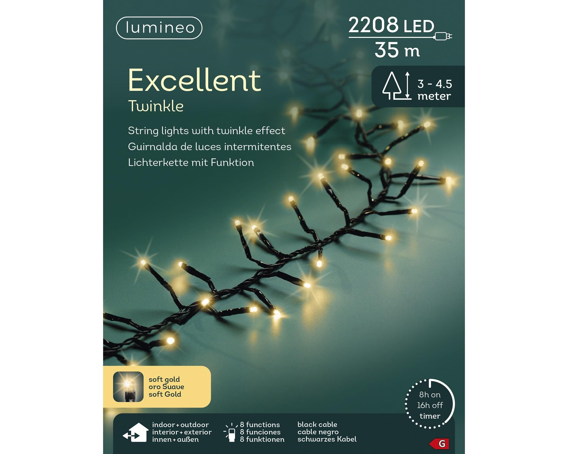 Lumineo EXCELLENT TWINKLE Fairy Lights 2.208 LED 35 m Soft Gold - 8 Light Functions and Timer 8 Hours, IP44 Weatherproof, 40 m Total Length incl. 5 m Cable, LED Christmas Lights for Indoor and Outdoor
